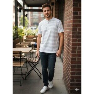 Faherty Sunwashed Short Sleeve T Mens L Cream Flint Stripe Organic Cotton Shirt